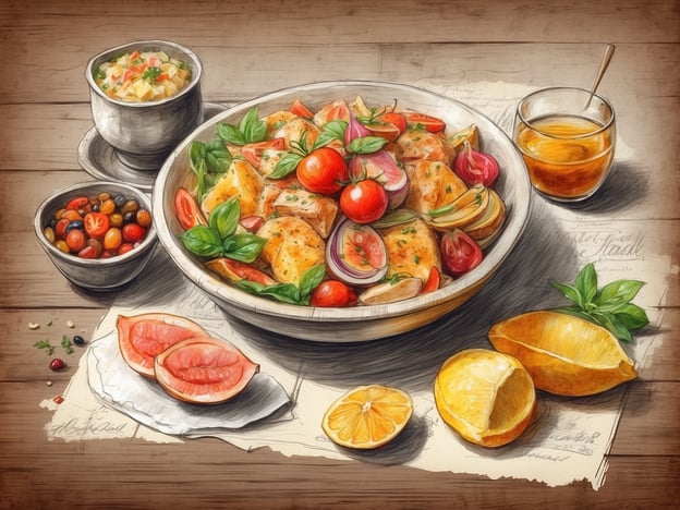 Auf dem Bild sind verschiedene kulinarische Highlights zu sehen, die frisch und appetitlich angerichtet sind. Im Mittelpunkt steht ein großzügiger Teller mit Kartoffeln, die möglicherweise gewürzt oder mit Kräutern verfeinert sind.
Neben dieser Hauptspeise gibt es eine Beilage aus einem bunten Salat mit Cherrytomaten, frischem Basilikum und verschiedenen Gemüsesorten. Dazu sieht man eine Schüssel mit einer herzhaften Beilage, möglicherweise einem Dip oder einer Brühe, die regionaltypische Zutaten enthält.
Die frischen Zitrusfrüchte, wie Limetten und Grapefruits, bieten nicht nur einen visuelles Highlight, sondern auch eine spritzige Note, die die Aromen der Speisen ergänzt. Solche Gerichte sind oft typisch für mediterrane Küchen, die für ihre Verwendung von frischen Zutaten und Kräutern bekannt sind.