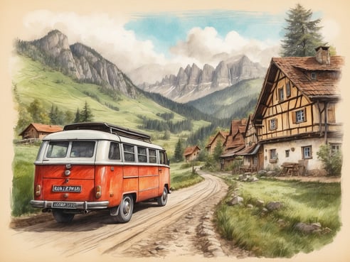 Ein klassischer orangefarbener VW-Bus steht auf einem hügeligen, unbefestigten Weg, der sich durch eine idyllische Landschaft schlängelt. Im Hintergrund erheben sich majestätische Berge, während auf beiden Seiten des Weges traditionelle, rustikale Häuser mit Holzverkleidung zu sehen sind. Die Umgebung ist von üppigem Grün umgeben, das den ländlichen Charme der Region unterstreicht. Der Himmel ist teilweise bewölkt und lässt die sanften Hügel und die Landschaft lebendig erscheinen.