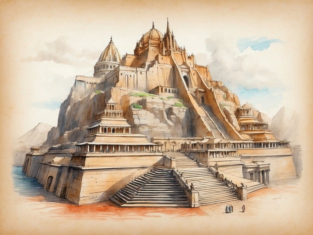 Auf dem Bild ist eine imposante architektonische Struktur zu sehen, die an kulturelle Schätze und Sehenswürdigkeiten erinnert. Die aufwendige Anlage scheint auf einem Hügel oder Berg zu stehen, umgeben von Wasser und Bergen. Die terrassierten Ebenen und die vielen Treppen führen zu einem majestätischen Gebäude, das an ein historisches Heiligtum oder einen Tempel erinnert.
Solche Bauwerke findet man oft in verschiedenen Kulturen, etwa in der südostasiatischen Architektur, wo Tempel wie der Angkor Wat in Kambodscha oder die Borobudur-Stupa in Indonesien ähnlichen Stil aufweisen. Die Kombination aus Natur und Menschenschöpfung spiegelt den Respekt vor der Spiritualität und der Verbindung zur Landschaft wider, wie sie in vielen traditionellen Kulturen zu finden ist.
