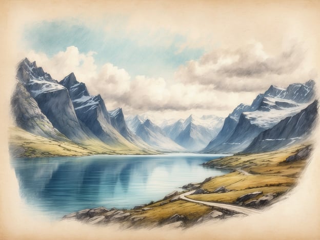 Eine atemberaubende Landschaft in Norwegen mit majestätischen Bergen, die teilweise mit Schnee bedeckt sind. Der klare, spiegelartige See reflektiert die umliegenden Gipfel und sorgt für eine ruhige Atmosphäre. Am Ufer verläuft ein geschwungener Weg, der in die Ferne führt. Die Himmel ist bedeckt mit sanften Wolken, während das Licht die Szene weich ausleuchtet. Diese idyllische Kulisse verkörpert die natürliche Schönheit Norwegens und lädt zu einem unvergesslichen Roadtrip ein.