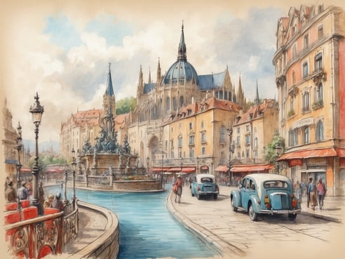 Eine malerische Stadtansicht mit einem klaren Wasserlauf, der durch die Straßen fließt. Auf der linken Seite steht ein historischer Brunnen mit kunstvollen Verzierungen. Alte Gebäude mit sanften Farben und hohen Fenstern umgeben den Platz. Im Hintergrund erhebt sich eine majestätische Kathedrale mit markanten Türmen und einer auffälligen Kuppel. Rote Markisen und Cafés laden zum Verweilen ein, während Menschen und alte Autos die Szene beleben. Die insgesamt entspannte Atmosphäre und das harmonische Zusammenspiel von Architektur und Natur verleihen dem Bild einen nostalgischen Charme und spiegeln die kulturelle Vielfalt Europas wider.