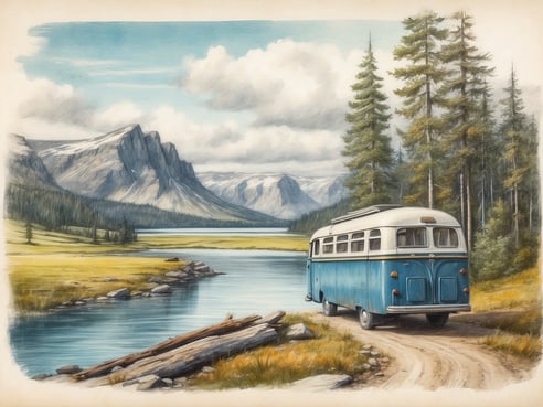 Ein blauer Wohnbus steht auf einem schmalen Weg am Ufer eines ruhigen Sees, umgeben von dichten Wäldern und majestätischen Bergen im Hintergrund. Der Himmel ist leicht bewölkt und bietet einen malerischen Blick auf die Landschaft, die durch sanfte Hügel und klare Wasseroberflächen gekennzeichnet ist. Die Szenerie vermittelt ein Gefühl von Ruhe und Abenteuer, ideal für einen Roadtrip durch die schwedische Natur.