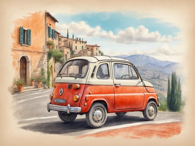 Ein nostalgisches, kleines Auto steht auf einer kurvenreichen Straße, umgeben von malerischen, kolorierten Gebäuden im italienischen Stil. Im Hintergrund sind sanfte Hügel und Berge zu sehen, die die Schönheit der Landschaft unterstreichen. Die Wolken sind leicht und ziehen sanft über den blauen Himmel. Topfpflanzen und Schritte zum Hauseingang fügen dem Bild eine einladende Atmosphäre hinzu.