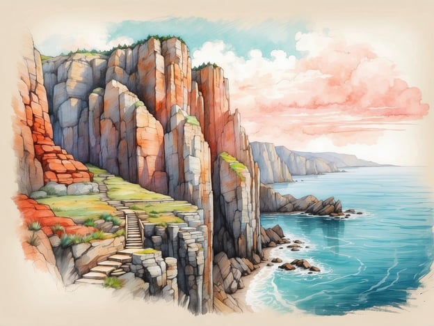 Das Bild zeigt eine malerische Küstenlandschaft mit steilen Klippen und einem sanften Meer, das in verschiedenen Blautönen schimmert. Die Klippen sind in warmen Erdtönen gehalten und die Szenerie strahlt eine ruhige, natürliche Schönheit aus.
Ähnlich wie in der Geschichte von Positano, einer bezaubernden Stadt an der Amalfi-Küste, wird die Schönheit und das Abenteuer der Küstenlinie hervorgehoben. Positano ist bekannt für seine bunten Häuser, die sich an die steilen Hänge schmiegen, und die atemberaubenden Ausblicke auf das Mittelmeer. Die Felsen und das Wasser im Bild könnten leicht die Inspiration für die schroffen Küsten von Positano reflektieren, wo die Natur eine zentrale Rolle in der atemberaubenden Kulisse spielt.