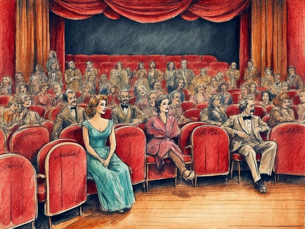 Auf dem Bild ist eine theaterähnliche Szenerie zu sehen. Es zeigt eine Zuschauerreihe mit roten Sitzen, in der zahlreiche Personen sitzen, die an einem Aufführung teilnehmen. Die beiden auffälligsten Figuren im Vordergrund sind Frauen in eleganter Kleidung – eine trägt ein blaues, das andere ein rosa Kleid. Im Hintergrund sind viele weitere Zuschauer zu erkennen, die dem Geschehen auf der Bühne folgen.Diese Art von Szene ist bekannt aus klassischen Theaterstücken und könnte auf aktuelle Produktionen hinweisen, die sich mit der Glamour-Ära oder dem goldenen Zeitalter des Theaters befassen. Solche Darstellungen sind oft ein beliebtes Thema in der Kunst und im Film, insbesondere wenn sie nostalgische Gefühle hervorrufen oder historische Kontexte thematisieren.