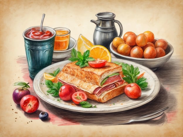 Auf dem Bild sind verschiedene kulinarische Genüsse zu sehen, die an die gastronomische Vielfalt von Salerno erinnern. Im Mittelpunkt steht ein herzhaftes Sandwich, gefüllt mit frischem Gemüse und Aufschnitt, das von Kräutern garniert ist. Um das Sandwich herum liegen frische Tomaten, Pflaumen und Blaubeeren, die für einen frischen Geschmack sorgen.
Zusätzlich sind ein erfrischendes Getränk in einem Glas und eine kleine Schale mit Eiern sowie eine weitere Schale mit Orangenhälften zu sehen. Diese Anordnung präsentiert eine bunte und appetitliche Auswahl, die typisch für die mediterrane Küche ist und die frischen, saisonalen Zutaten der Region betont.
