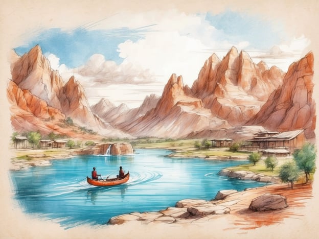 Auf dem Bild ist eine malerische Landschaft mit hohen, rot gefärbten Bergen und einem ruhigen, blauen Gewässer zu sehen. In einem roten Boot paddeln zwei Personen gemächlich auf dem Wasser.
Für Abenteurer bietet sich hier eine Kanutour an, um die atemberaubende Umgebung vom Wasser aus zu erkunden. Auch die Möglichkeit, beim Angeln zu entspannen, wäre hier ideal. Für Entspannungssuchende eignen sich gemütliche Spaziergänge am Ufer oder einfach das Genießen der Natur, während man die friedliche Atmosphäre und die wunderschöne Aussicht aufs Wasser und die Berge genießt.