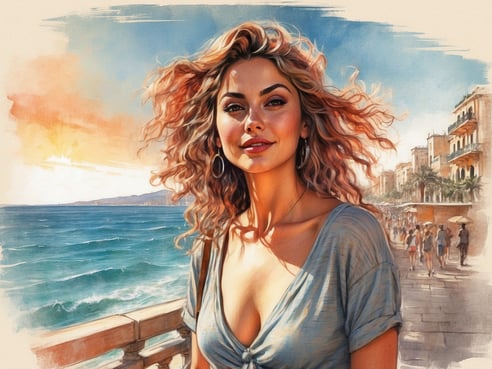 Eine junge Frau mit lockigem Haar steht an einer Strandpromenade mit Blick auf das Meer. Sie trägt ein lässiges, hellblaues Oberteil und lächelt in die Kamera, während die Sonne am Horizont untergeht. Im Hintergrund sind Palmen und eine lebendige Menschenmenge zu sehen, die die Promenade entlang spaziert. Der Himmel ist in warmen Farbtönen gehalten, was eine entspannte Urlaubsstimmung vermittelt.