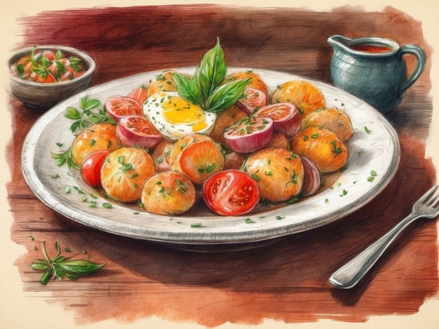 Auf dem Bild ist ein buntes Gericht zu sehen, das eine Kombination aus Kartoffelknödeln oder ähnlichen Teigwaren, frischen Tomaten und einem Spiegelei enthält. Dazu gibt es anscheinend eine Kräuter- oder Tomatensalsa in einer kleinen Schüssel.
In vielen Regionen, vor allem in der mediterranen Küche, sind solche Gerichte beliebt. Der Einsatz von frischen Zutaten wie Tomaten und Kräutern spiegelt die kulinarischen Genüsse wider, die oft in dieser Region zu finden sind. Ein solches Gericht könnte auch in Italien oder der Mittelmeerküche typischerweise vorkommen, wo die Verwendung von lokalen, frischen Erzeugnissen geschätzt wird.