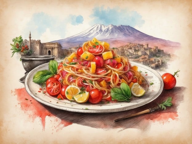 Auf dem Bild ist eine köstliche Portion Pasta zu sehen, die mit frischen Tomaten, Zitronenstücken und Basilikum garniert ist. Dies erinnert an die traditionelle sizilianische Küche, die reich an frischen und regionalen Zutaten ist.Ein Erlebnis auf Sizilien könnte eine Teilnahme an einem Kochkurs sein, wo man lernt, solche Gerichte zuzubereiten. Zudem könnte man die malerischen Küstenorte wie Taormina oder die Stadt Catania besuchen, die im Hintergrund sichtbar ist und in der Nähe des beeindruckenden Ätna liegt. Hier kann man die lokale Gastronomie genießen und die atemberaubende Landschaft erkunden.