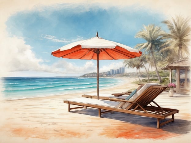 Auf dem Bild ist ein schöner Strand mit einer Liege zu sehen, die unter einem roten Sonnenschirm platziert ist. Im Hintergrund erblickt man das Meer mit Wellen und einen Küstenstreifen, der von Palmen gesäumt ist. An einem nahegelegenen Gebäude sind einige bunte Blumen in einem Topf zu sehen. Die Szene strahlt eine ruhige und entspannende Atmosphäre aus, ideal für einen Tag am Strand.Zusammenfassend zeigt das Bild eine idyllische Strandlandschaft, die zum Entspannen einlädt.