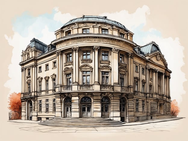 Auf dem Bild ist ein beeindruckendes Gebäude im neoklassizistischen Stil zu sehen. Die Fassade ist durch aufwendige architektonische Details geprägt, darunter Säulen und reich verzierte Fenster. Besonders auffällig ist das gewölbte Dach, das dem Bauwerk eine majestätische Erscheinung verleiht. Die Eingangsbereiche sind durch breite Treppen und große Fensterfronten hervorgehoben, die einladend wirken.Zusätzlich unterstützen die symmetrische Anordnung der Fenster und die stilvollen Balkone den eleganten Gesamteindruck. Die Verwendung von hellen Farbtönen und die harmonische Integration von orangeroten Bäumen im Vordergrund tragen zur Ästhetik des Gebäudes bei, die sowohl historisch als auch repräsentativ wirkt. Die Kombination aus Ornamentik und schlichten Linien verleiht dem Gebäude eine zeitlose Eleganz.
