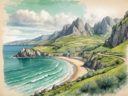 Eine malerische Küstenlandschaft in Nordspanien mit sanften grünen Bergen, die sich gegen einen klaren, blauen Himmel abzeichnen. Die Wellen des türkisfarbenen Wassers brechen sanft an einen hellen Sandstrand, der von steilen Klippen und Felsen umgeben ist. Eine kurvenreiche Straße verläuft entlang der Küste und bietet atemberaubende Ausblicke auf die natürliche Schönheit der Umgebung. Die Szenerie vermittelt ein Gefühl von Ruhe und Idylle inmitten der wilden Küstenlandschaft.