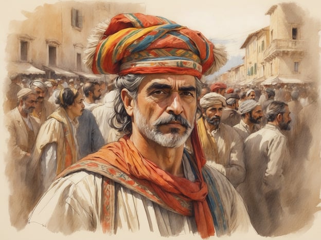 Auf dem Bild ist ein Mann zu sehen, der möglicherweise traditionelle sizilianische Kleidung trägt. In Sizilien sind Feste und Traditionen tief verwurzelt. Zu den bekanntesten gehören die „Feste di San Giuseppe“, bei denen Altarfeiern und kulinarische Traditionen im Mittelpunkt stehen.Ein weiteres wichtiges Fest ist das „Fest von Santa Rosalia“ in Palermo, das mit farbenfrohen Umzügen und religiösen Prozessionen gefeiert wird. Die sizilianische Kultur betont Gemeinschaft, Gastfreundschaft und das Feiern von Erntefesten, häufig begleitet von lokaler Musik und traditionellem Tanz.Die Farben und die Bekleidung des Mannes könnten auch auf die Vielfalt der sizilianischen Traditionen hinweisen, in denen die Geschichte und die multikulturelle Einflüsse der Region sichtbar sind.