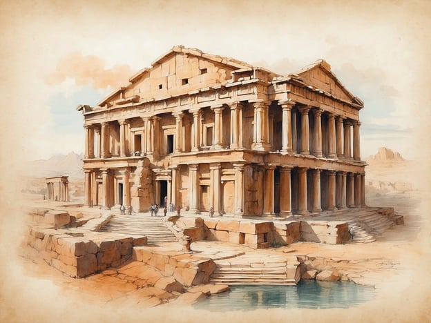 Auf dem Bild ist eine antike Tempelanlage zu sehen, die an die beeindruckende Architektur Roms erinnert. Rom war bekannt für seine monumentalen Bauten, wie den Pantheon oder das Kolosseum, die sowohl religiöse als auch öffentliche Funktionen erfüllten.Die Architektur dieser Tempel spiegelte nicht nur die Ingenieurskunst der Römer wider, sondern auch ihre religiöse Zugehörigkeit und den Einfluss der griechischen Architektur. Tempel waren Orte des Gebets und der Verehrung, oft dem Gottesdienst bestimmter Götter gewidmet.Rom spielte eine zentrale Rolle in der Verbreitung des römischen Rechts, der Kultur und des Christentums im gesamten Imperium. Die grandiosen Bauwerke der Stadt symbolisieren die Macht und den Einfluss, den Rom in der Antike hatte. Solche Tempelanlagen waren nicht nur religiöse Stätten, sondern auch soziale und politische Zentren, die das Lebensgefühl der Bürger prägten.Die dargestellte Struktur könnte auch einen Verweis auf den Erhalt antiker Traditionen und den Einfluss von Religion auf Zivilisation und Kultur darstellen, Bereiche, die für das Verständnis der römischen Gesellschaft von großer Bedeutung sind.