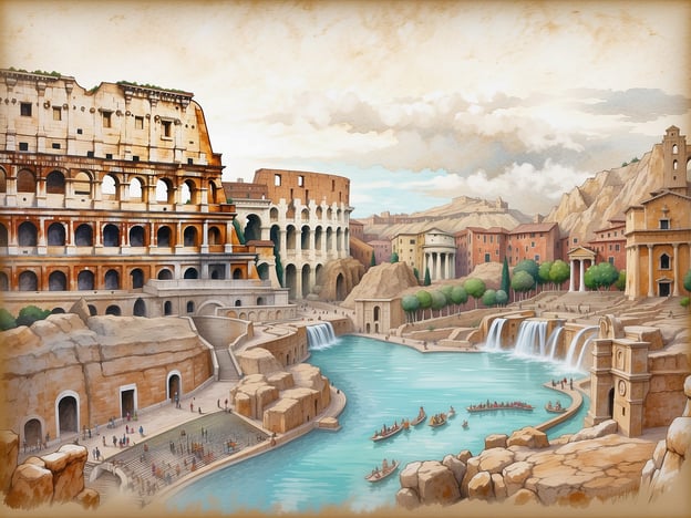 Auf dem Bild ist eine fantasievolle Darstellung des Kolosseums in Rom zu sehen, zusammen mit anderen historischen Bauten und einer malerischen Landschaft. Zu den Top Sehenswürdigkeiten in Rom zählen:1. **Das Kolosseum**: Eines der berühmtesten antiken Bauwerke, bekannt für seine Gladiatorenkämpfe.2. **Das Forum Romanum**: Das politische, religiöse und soziale Zentrum des antiken Rom.3. **Das Pantheon**: Ein beeindruckender Tempel, der den Göttern des antiken Rom gewidmet ist.4. **Die Vatikanstadt**: Heimat des Petersdoms und der Sixtinischen Kapelle.5. **Der Trevi-Brunnen**: Berühmter Brunnen, bekannt für die Tradition, eine Münze hineinzuworfen.Die Darstellung auf dem Bild erweckt die Schönheit und den historischen Reichtum Roms zum Leben.