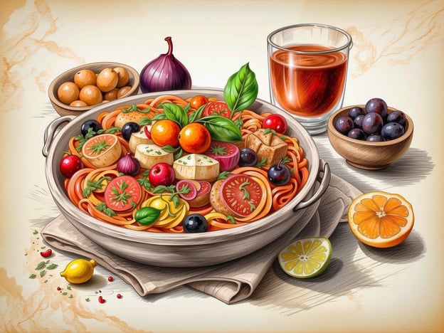 Auf dem Bild ist eine reichhaltige Pasta-Platte zu sehen, die mit frischen Zutaten wie Tomaten, Kräutern und buntem Gemüse angerichtet ist. Dies spiegelt die kulinarischen Highlights Roms wider, wo Pasta-Gerichte wie Spaghetti alla Carbonara oder Fettuccine Alfredo sehr beliebt sind.In Rom werden oft auch lokale Zutaten wie Olivenöl, frischer Basilikum und saisonales Gemüse verwendet, die für den typischen römischen Geschmack unverzichtbar sind. Zu den Gerichten werden häufig Weine serviert, was im Bild durch das Glas mit einer Getränkesorte angedeutet wird. Rom ist zudem bekannt für seine frischen Früchte und die Verwendung von Zitrusfrüchten, die ebenfalls gut zum Bild passen.