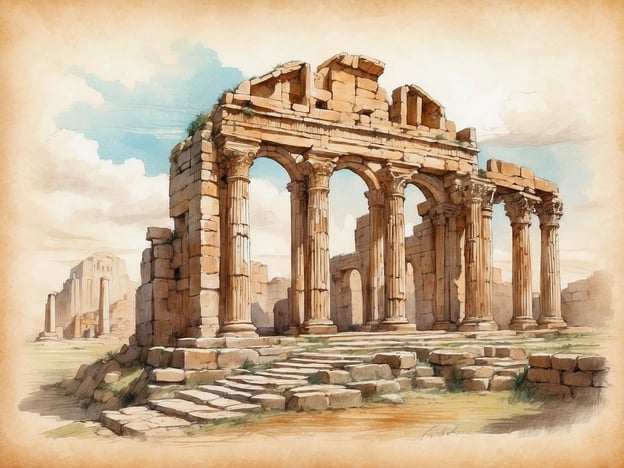 Das Bild zeigt eine beeindruckende Ruine mit antiken Säulen und einem Torbogen. Solche architektonischen Strukturen sind charakteristisch für die römische Architektur, die in der Geschichte Roms eine bedeutende Rolle spielte.Die Römer waren bekannt für ihre fortschrittlichen Bauverfahren und verwendeten Materialien wie Beton und Ziegel, um monumentale Bauwerke zu errichten. Die Ruinen könnten eine Art Tempel oder ein öffentliches Gebäude darstellen, das Teil eines größeren architektonischen Komplexes war. Diese Bauwerke sind Zeugen der romanischen Ingenieurskunst und der kulturellen Blütezeit, insbesondere während der Republik und des frühen Kaiserreichs.Die Erhaltung solcher Ruinen gibt uns Einblick in das alltägliche Leben sowie in die religiösen und politischen Praktiken der Römer.