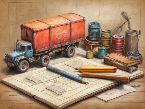 Auf dem Bild ist ein detailliertes Stillleben zu sehen, das einen Modelltruck in kräftigen Farben zeigt. Der Truck hat eine orangefarbene Ladefläche und steht auf einem Tisch neben einem offenen Notizbuch. Auf dem Tisch liegen verschiedene bunte Bleistifte und Stifte verstreut, während um den Truck herum mehrere farbige Dosen und Behälter angeordnet sind. Im Hintergrund ist eine Karte zu erkennen, was auf eine Vorbereitung für einen Roadtrip hindeutet. Wichtige Dinge, die man bei einem Roadtrip beachten sollte, sind sorgfältige Planung der Route, Überprüfung des Fahrzeugs, Notwendigkeit von Snacks und Wasser, sowie ein Notfallkit im Fahrzeug.