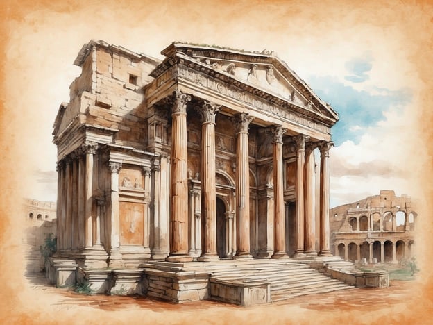 Auf dem Bild ist ein klassisches römisches Bauwerk zu sehen, das Elemente aus der Architektur und Kunst der Antike Rom verkörpert. Die dorischen Säulen und die Fassade sind typisch für die römische Monumentalarchitektur, die oft auf Pracht und Macht abzielte. Solche Gebäude dienten häufig religiösen oder öffentlichen Zwecken und waren mit kunstvollen Reliefs und Skulpturen verziert, die mythologische Szenen oder historische Ereignisse darstellten.Im Hintergrund ist eine Ruine zu erkennen, die auf das Kolosseum hinweisen könnte, ein ikonisches Beispiel für römische Ingenieurskunst und Unterhaltungskultur. Diese typischen Elemente reflektieren den architektonischen Stil und die kulturellen Werte der antiken Römer, die großen Wert auf Ästhetik, Symmetrie und Funktionalität legten.