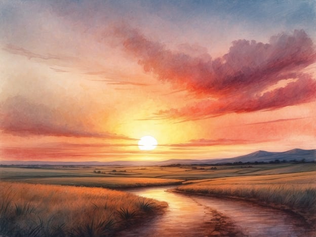 Eine malerische Landschaft zeigt einen Sonnenuntergang über sanften Hügeln. Der Himmel ist in warmen Farben von Orange, Rosa und Blau gefärbt. Die untergehende Sonne strahlt hell und reflektiert sich im ruhigen Verlauf eines kleinen Flusses, der sich durch die goldenen Felder schlängelt. Im Vordergrund sind hohe Gräser zu sehen, die sanft im Wind wehen. Diese friedliche Szene vermittelt ein Gefühl von Ruhe und Naturschönheit. Wann ist heute Sonnenuntergang.