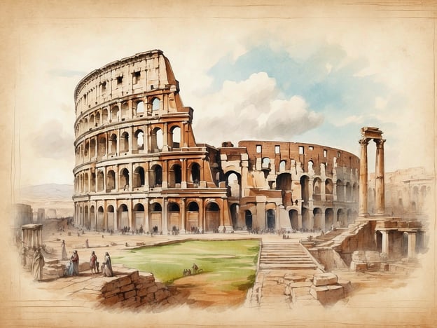 Auf dem Bild ist das Kolosseum in Rom zu sehen, ein beeindruckendes antikes Amphitheater. Es wurde im Jahr 70 n. Chr. unter Kaiser Vespasian erbaut und war ein Zentrum für öffentliche Veranstaltungen, wie Gladiatorenkämpfe und Tierhetzen. Das Kolosseum konnte bis zu 50.000 Zuschauer fassen und gilt als ein Symbol für die Ingenieurskunst und den architektonischen Pomp des antiken Roms.Im Hintergrund sieht man Überreste von anderen antiken Strukturen, die die einstige Pracht des römischen Lebens widerspiegeln. Diese Stätten sind heute Teil des kulturellen Erbes und ziehen Besucher aus aller Welt an, um die Geschichte des Römischen Reiches zu erleben.