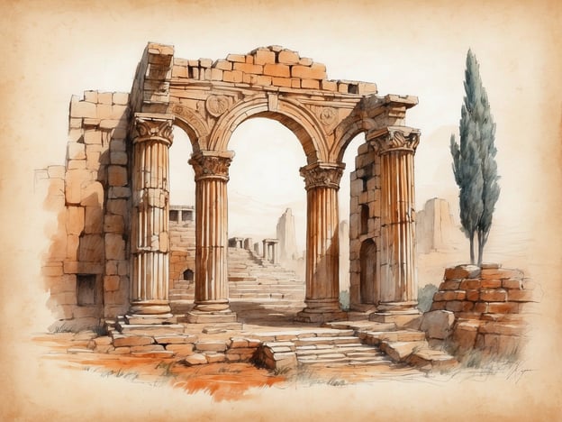 Auf dem Bild ist eine Darstellung von antiken Ruinen zu sehen, die an die Architektur Roms erinnert. Die Säulen und der Bogen deuten auf die typischen Merkmale römischer Baukunst hin, wie man sie in Tempeln und öffentlichen Gebäuden fand.Diese Ruinen könnten Teil eines Forums oder eines Tempels gewesen sein, die einst als zentrale Orte für religiöse und gesellschaftliche Aktivitäten dienten. Die römische Architektur war bekannt für ihre Nutzung von Säulen und Bögen, die sowohl ästhetisch ansprechend als auch funktional waren, um große Gewichte zu tragen. Historisch gesehen symbolisieren solche Ruinen nicht nur den Glanz und den Einfluss des Römischen Reiches, sondern auch dessen späteren Verfall und die Vergänglichkeit menschlicher Errungenschaften.Die Landschaft mit den Stufen und dem Zypressenbaum vermittelt eine gewisse Melancholie und erinnert daran, dass die römische Zivilisation heute nur noch in Fragmenten existiert.