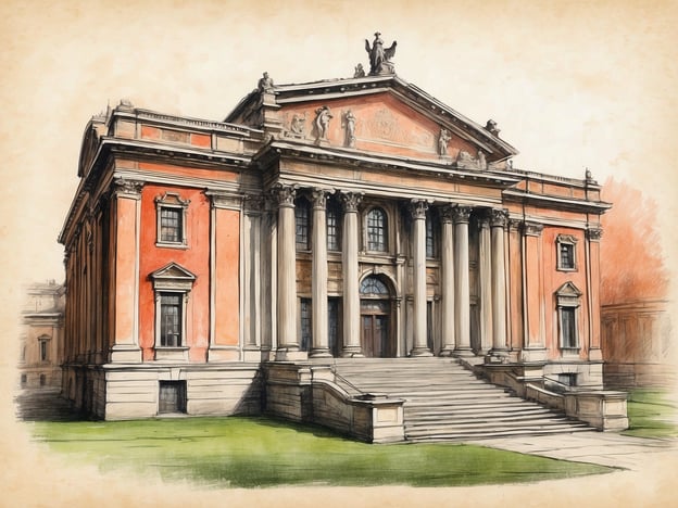 Auf dem Bild ist ein imposantes Gebäude im klassizistischen Stil zu sehen. Die Fassade ist rot und wird von mehreren Säulen geschmückt, die auf eine große Treppe führen. Diese Architektur erinnert an bedeutende Kulturzentren, wie Museen oder Theater, die oft in historischen Städten zu finden sind.Solche Gebäude beherbergen häufig Kunstsammlungen oder kulturelle Veranstaltungen und sind oft ein Blickfang in ihrer Umgebung. Die Kombination aus monumentaler Bauweise und kunstvollen Elementen weist auf die kulturelle Bedeutung des Gebäudes hin, das möglicherweise eine enge Verbindung zur Kunstgeschichte hat.