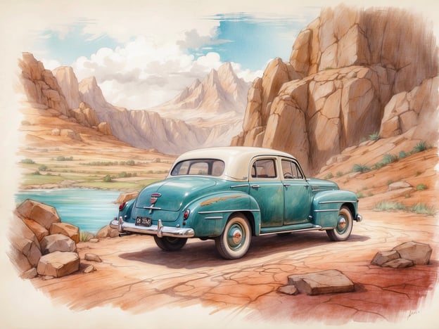 Auf dem Bild ist ein nostalgisches Auto in einer malerischen Landschaft zu sehen. Umgeben von beeindruckenden Felsen und einer ruhigen Gewässeroberfläche wirkt die Szenerie wie eine perfekte Kulisse für einen Roadtrip durch abgelegene Gegenden.Für Insider-Tipps: Wenn du solche Landschaften entdecken möchtest, empfehle ich, abseits der üblichen Touristenrouten zu fahren. Suchen nach versteckten Straßen in Nationalparks, wo du einsame Seen oder unerforschte Felsen findest. Ein Geheimtipp wäre, früh am Morgen oder zur Dämmerung anzureisen, um die bezaubernde Lichtstimmung und Ruhe zu genießen. Achte auch darauf, lokale Spezialitäten in kleinen Dörfern zu probieren, die oft unentdeckte kulinarische Schätze bieten.