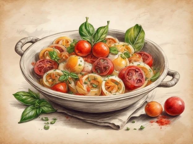 Auf dem Bild ist eine Schüssel mit einer bunten Mischung aus Tomaten und frischem Basilikum zu sehen. Diese kulinarische Komposition erinnert an die mediterrane Küche Roms, in der frische Zutaten eine zentrale Rolle spielen.In Rom sind Gerichte wie Caprese, ein einfacher Mozzarella mit frischen Tomaten und Basilikum, sehr beliebt. Diese Kombination aus hochwertigen, regionalen Zutaten bringt die Aromen Italiens perfekt zur Geltung. Zudem sind in der römischen Küche auch Pasta-Gerichte mit frischen Tomatensaucen oder Salate mit Saisonprodukten anzutreffen, die die Vielfalt und Frische der italienischen Gastronomie widerspiegeln.