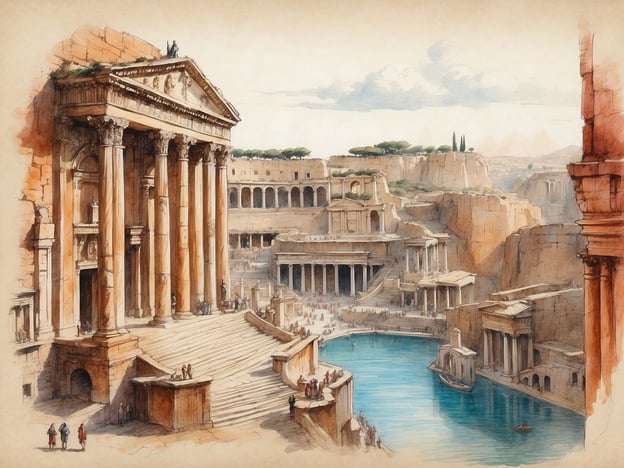 Auf dem Bild ist eine künstlerische Darstellung einer antiken Landschaft zu sehen, die stark an das historische Rom erinnert. Im Vordergrund erkennt man imposante Säulen und Treppen, die auf eine prunkvolle Architektur hindeuten, typisch für römische Tempel und öffentliche Gebäude. Im Hintergrund sind weitere Bauwerke und eine Wasserfläche abgebildet, was möglicherweise einen Fluß oder Hafen darstellt, was in der römischen Kultur eine bedeutende Rolle spielte.Die Architektur zeigt den Einfluss klassischer Elemente wie Säulenkapitelle und symmetrische Formen, die für die römische Baukunst charakteristisch sind. Diese Architektur zeugt von der kulturellen Blütezeit Roms, in der Kunst und Bauwerke eine zentrale Rolle in der Gesellschaft spielten. Die Darstellung vermittelt ein Gefühl von Größe und Erhabenheit, das die Visionen der antiken römischen Zivilisation widerspiegelt.