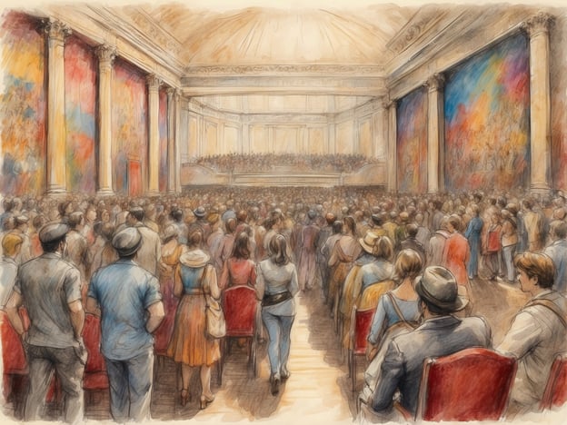 Auf dem Bild ist eine große Menschenmenge in einem prunkvollen Innenraum zu sehen, der an eine kulturelle Veranstaltung in Rom erinnert, wie beispielsweise ein Konzert oder eine Theateraufführung. Die reiche Architektur mit hohen Säulen und bunten Wänden deutet darauf hin, dass es sich um einen bedeutenden Veranstaltungsort handelt, vielleicht das Teatro dell'Opera oder eine ähnliche Location. Solche Veranstaltungen sind ein wichtiger Teil des kulturellen Lebens in Rom, wo Kunst und Musik hoch geschätzt werden und regelmäßig große Publikumsmengen anziehen. Die Szenerie könnte auch an Festivals oder weitere kulturelle Feierlichkeiten erinnern, die die römische Tradition lebendig halten.