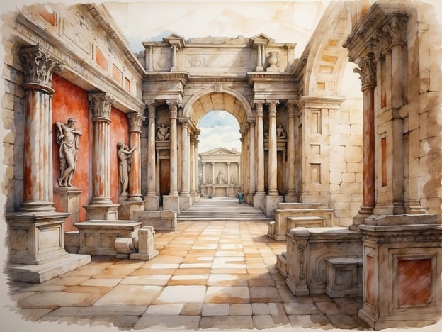 Auf dem Bild ist eine impressionistische Darstellung eines antiken römischen Innenhofs oder einer Säulenhalle zu sehen. Die Architektur zeigt charakteristische Elemente der römischen Baukunst, wie hohe Säulen mit reich verzierten Kapitellen, Statuen, die an den Wänden platziert sind, sowie eine symmetrische Anordnung, die den Blick in die Tiefe lenkt.Die Verwendung von roten und weißen Farbtönen an den Wänden verleiht dem Raum eine lebendige und dennoch klassische Atmosphäre. Die Architektur spiegelt die kulturelle Bedeutung der Kunst und der Baukunst in der römischen Zivilisation wider, wo Pracht und Harmonie zentrale Aspekte waren. Der Hintergrund deutet auf einen weiteren großen Raum hin, was für römische Villen und öffentliche Gebäude typisch ist. Diese strategische Anordnung von Raum und Licht macht die Szene einladend und eindrucksvoll.
