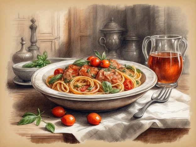 Auf dem Bild ist ein Teller mit Spaghetti und Fleischbällchen zu sehen, garniert mit frischem Basilikum und Kirschtomaten. Diese Gerichte sind typische kulinarische Highlights in Rom.Ein weiteres beliebtes Gericht ist die „Cacio e Pepe“, eine einfache aber schmackhafte Pasta mit Pecorino-Käse und schwarzem Pfeffer. Auch „Saltimbocca alla Romana“ ist ein Muss, dabei handelt es sich um Kalbsfleisch mit Schinken und Salbei, das in Weißwein gebraten wird. Zum Dessert sollte man ein Stück „Tiramisu“ oder „Gelato“ probieren, um das römische Erlebnis abzurunden.