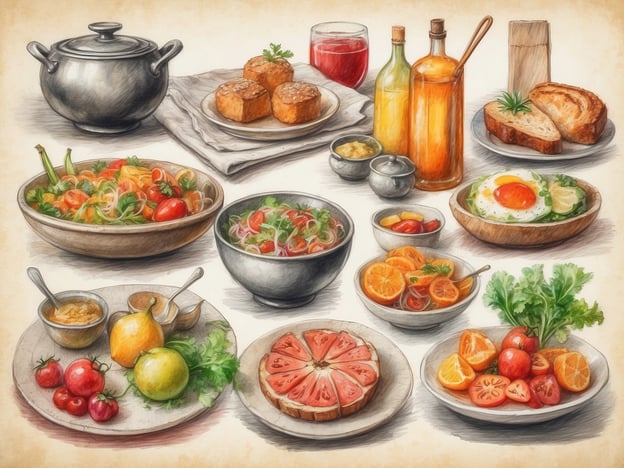 Auf dem Bild sind verschiedene kulinarische Ikonen zu sehen. Es gibt eine bunte Auswahl an frischen Salaten und Gemüsegerichten, darunter eine bunte Nudelsalat mit Tomaten und Kräutern. In den Schalen sind zubereitete Speisen zu finden, wie ein Ei mit Frischsalat.Zusätzlich sind verschiedene fruchtige Snacks und Beilagen wie Grapefruit, kleine Tomaten und Zitrusfrüchte vorhanden. Getränke in Flaschen, wahrscheinlich Öle oder Säfte, und ein rustikales Brot runden die Präsentation ab. Die gesamte Anordnung strahlt eine einladende und gesunde Esskultur aus.