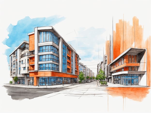 Auf dem Bild ist eine architektonische Darstellung eines modernen Gebäudes oder eines Wohnkomplexes zu sehen. Die Verwendung von klaren Linien und einer Kombination aus Glas und farbigen Fassadenelementen deutet auf zeitgemäße Bauweise hin, die oft in den Studiengängen Architektur und Innenarchitektur behandelt wird.Forschungsschwerpunkte könnten nachhaltige Baupraktiken, städtische Entwicklung sowie die Integration von ökologischen Aspekten in die Architektur umfassen. Auch die Nutzung neuer Materialien und Techniken, wie etwa energieeffiziente Systeme oder intelligente Gebäude, spielt eine entscheidende Rolle in der modernen Architektur. Studierende in diesem Bereich lernen, wie man funktionale Räume schafft, die sowohl ästhetisch ansprechend als auch nutzbar sind.