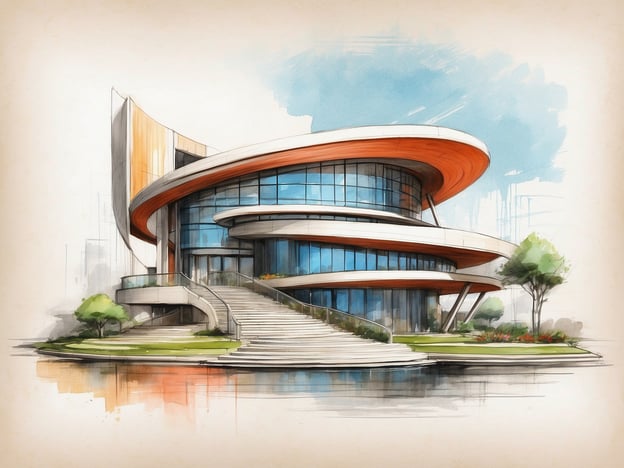 Auf dem Bild ist ein modernes architektonisches Gebäude zu sehen. Es zeichnet sich durch eine dynamische, kurvenreiche Form und große Glasflächen aus. Die Verwendung von hellen Farben, insbesondere das auffällige orangefarbene Dach, verleiht dem Gebäude eine zeitgemäße und ansprechende Ästhetik. Die umliegenden Grünflächen und die geschwungene Treppe tragen zur einladenden Atmosphäre bei. Insgesamt vermittelt das Design einen innovativen und futuristischen Eindruck.