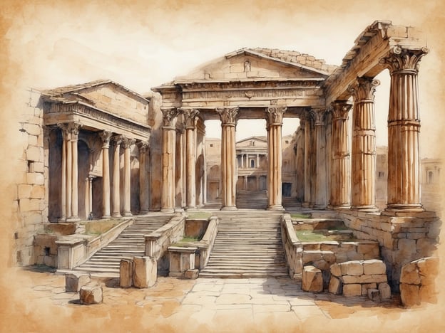 Auf dem Bild ist ein architektonisches Ensemble zu sehen, das an die monumentalen Bauwerke im alten Rom erinnert. Solche Strukturen, oft Tempel oder öffentliche Gebäude, spielten eine zentrale Rolle im sozialen und kulturellen Leben der römischen Gesellschaft.Die Säulen und Treppen deuten darauf hin, dass es sich möglicherweise um einen Tempel handelt, der den Göttern gewidmet ist, was typisch für die religiösen Praktiken der Römer war. Architektur war nicht nur ein Ausdruck von Macht und Einfluss, sondern auch ein Mittel, um die Verbindung zu den Göttern und zu den Traditionen des römischen Volkes zu zeigen.In der römischen Kultur waren öffentliche Plätze und Gebäude wichtig für das Gemeinschaftsleben, wo Bürger sich versammelten, um zu beten, politische Entscheidungen zu diskutieren oder Feste zu feiern. Die Erhaltung solcher Bauwerke unterstreicht zudem die Bedeutung von Architektur und Ingenieurskunst in der römischen Zivilisation.