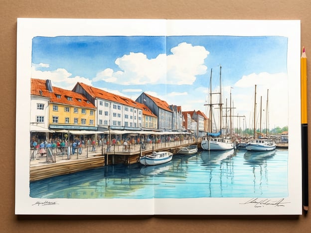 Auf dem Bild ist eine malerische Szenerie eines Hafens dargestellt, in dem mehrere Boote im Wasser liegen. Im Hintergrund sieht man eine Reihe von bunten, historischen Gebäuden mit roten Dachziegeln und großen Fenstern. Diese Architektur könnte typisch für viele norddeutsche Küstenstädte sein, wo solche Häuser oft direkt am Wasser erbaut wurden.Die vielen Menschen, die entlang der Promenade spazieren, zeugen von einem lebhaften Treiben und einem kulturellen Austausch, der in solchen Häfen oft stattfindet. Häfen waren traditionell Orte des Handels und der Kommunikation. Sie sind oft das Herzstück von Städten, die von der Schifffahrt und dem Fischfang abhängig waren. Zudem könnte diese Darstellung auf die Bedeutung des Tourismus hinweisen, der häufig in solchen malerischen Umgebungen blüht.In der Geschichte waren seefahrende Nationen wie Deutschland zentral für den Handel und die Erschließung neuer Märkte, und solche Hafenanlagen sind oft Zeugen der wirtschaftlichen Entwicklung und des kulturellen Austauschs über die Jahrhunderte hinweg. Die Verwendung von hellen Farben und die lebendige Darstellung vermitteln ein Gefühl von Lebendigkeit und Freude, das mit der maritimen Kultur verbunden ist.
