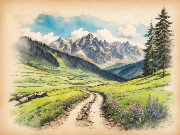 Eine malerische Landschaft in St. Georgen im Schwarzwald zeigt einen kurvenreichen Weg, der durch grüne Wiesen führt. Im Hintergrund erheben sich majestätische Berge, bedeckt mit Wolken und in verschiedenen Grautönen. Rechts stehen hohe Tannenbäume, und am Wegesrand blühen bunte Frühlingsblumen. Die Szene vermittelt eine ruhige, naturnahe Atmosphäre und lädt zum Verweilen ein.