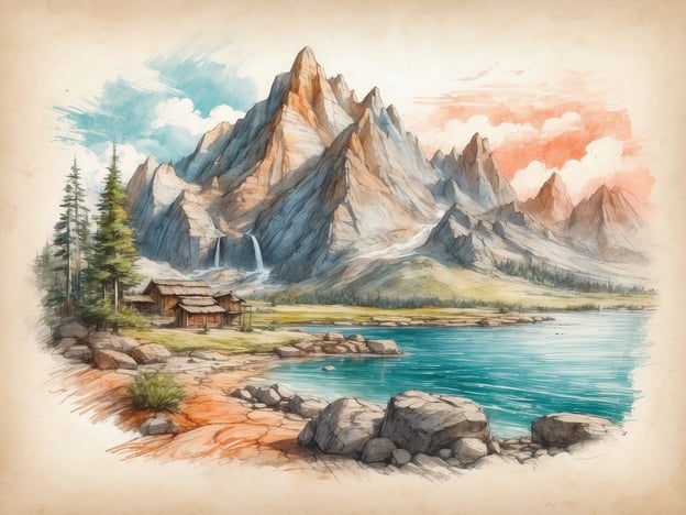 Auf dem Bild ist eine malerische Landschaft zu sehen, die in einem Naturschutzgebiet oder einem Park angesiedelt sein könnte. Im Vordergrund liegt ein ruhiger See, umgeben von einigen großen Steinen und sanftem Uferbewuchs. Am Ufer steht eine einfache Holzstruktur, möglicherweise eine Hütte oder eine Unterkunft, die perfekt in die natürliche Umgebung passt.Im Hintergrund erheben sich majestätische Berge, einige mit Wasserfällen, die die Landschaft bereichern. Die Farben des Himmels deuten auf einen schönen Tag hin, was darauf hindeutet, dass dieser Ort zu Outdoor-Aktivitäten wie Wandern oder Angeln einlädt. Solche Gebiete sind oft wichtig für den Naturschutz und bieten Lebensraum für viele Tier- und Pflanzenarten.