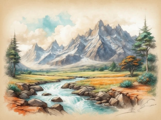 Auf dem Bild ist eine malerische Landschaft mit hohen Bergen im Hintergrund, die von Wolken umgeben sind. Im Vordergrund fließt ein klarer Bach, der über Steine plätschert. Um den Bach herum wachsen verschiedene Pflanzen, darunter vielleicht Gräser und Sträucher.In einem solchen Gebiet könnten typischen Flora und Fauna vorkommen, wie zum Beispiel:- **Flora**: Nadelbäume wie Tannen und Fichten, sowie Laubbäume wie Ahorn oder Birke, die für die bunten Herbstfarben sorgen. Wildblumen könnten ebenfalls in den Wiesen blühen.- **Fauna**: Es könnten Tiere wie Rehe, Füchse oder verschiedene Vogelarten zu finden sein, die in bergigen Regionen heimisch sind. Das Wasser könnte Quappen oder Forellen beherbergen.Insgesamt vermittelt das Bild eine ruhige und natürliche Atmosphäre, die typisch für alpine Landschaften ist.
