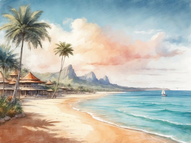 Auf dem Bild sind folgende markante Highlights zu sehen:- **Tropische Landschaft**: Hohe Palmen, die dem Bild eine entspannte, tropische Atmosphäre verleihen.- **Strand**: Ein schöner, sandy Strand erstreckt sich entlang der Küste, ideal für Erholung und Genuss.- **Berglandschaft**: Im Hintergrund sind majestätische Berge sichtbar, die dem Bild Tiefe und Dramatik hinzufügen.- **Segelboot**: Ein kleines Segelboot fährt ruhig auf dem klaren, blauen Wasser, was das Gefühl von Freiheit und Abenteuer vermittelt.- **Himmel**: Ein klarer Himmel mit sanften Wolken und einem leichten Farbverlauf, der die Szenerie harmonisch ergänzt.Diese Elemente schaffen eine einladende, paradiesische Stimmung.