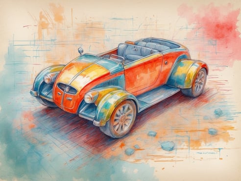 Ein buntes, aquarellartiges Bild eines klassischen Autos in einem künstlerischen Stil. Das Auto hat eine geschwungene Form mit einem roten und gelben Dach sowie orangefarbenen und grünen Details. Die Reifen sind relativ groß und das Fahrzeug steht auf einer schlichten, pastellig gefärbten Fläche, die an einen Straßenbelag erinnert. Im Hintergrund sind unscharfe, farbige Pinselstriche zu sehen, die eine dynamische Atmosphäre schaffen. 

Was bedeutet ambulante Behandlung?