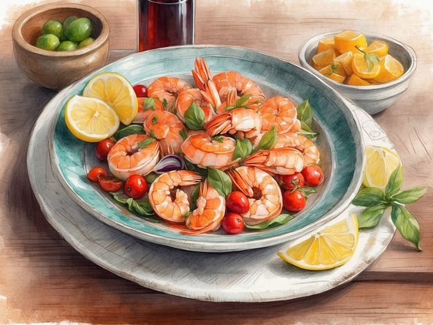 Auf dem Bild ist ein köstliches Gericht aus Garnelen, das mit frischen Kräutern, Kirschtomaten und Zitronenscheiben angerichtet ist. Solche Meeresfrüchte sind eine Spezialität des Veneto, wo hochwertige Zutaten und frische Aromen eine zentrale Rolle in der Küche spielen.Kulinarische Highlights im Veneto sind unter anderem:1. **Sogliole alla Griglia** - Gegrillte Schollen, oft einfach mit Olivenöl und Zitrone serviert.2. **Risotto al Nero di Seppia** - Risotto mit Tintenfischblut, eine charakteristische Spezialität aus der Region.3. **Bigoli** - Dicke frische Pasta, oft serviert mit einer Soße aus Enten- oder Wildschweinragout.4. **Baccalà Mantecato** - Ein cremiger Kabeljau-Aufstrich, meistens auf geröstetem Brot serviert.Diese Gerichte zeigen die Vielfalt und den Reichtum der venetianischen Küche!