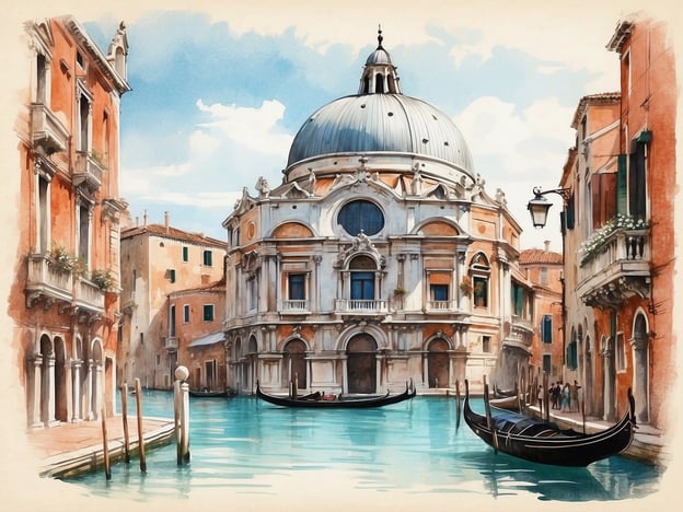 Auf dem Bild ist eine malerische Szene aus Venedig zu sehen. Im Vordergrund fließt ein ruhiger Kanal, in dem typische Wassertaxis, die Gondeln, vertäut sind. Umgeben von prächtigen Gebäuden, die eine Mischung aus klassischer und barocker Architektur repräsentieren, sticht eine eindrucksvolle Kuppel in der Mitte des Bildes hervor. Diese Gebäude sind mit kunstvollen Details und schönen Balkonen geschmückt, die das venezianische Flair unterstreichen. Der Himmel ist klar, was der Szene eine sonnige, einladende Atmosphäre verleiht.