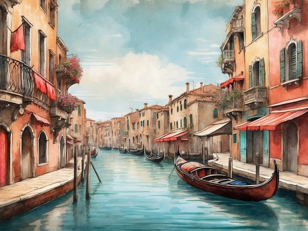 Auf dem Bild sieht man eine malerische venezianische Szenerie mit einer ruhigen Wasserstraße, die von bunten Gebäuden gesäumt ist. Die typischen Gondeln schwimmen im Wasser, ein Symbol für Venedigs einzigartige Traditionen.Die engen Kanäle und die historischen Brücken sind charakteristisch für die Stadt und zeugen von ihrer reichen Geschichte. Die bunten Fassaden der Häuser sowie das florale Arrangement an den Balkonen verkörpern den venezianischen Charme. Venedig ist bekannt für seine traditionellen Feste, wie den Karneval, während dem die Stadt von lebhaften Kostümen und Masken geprägt ist. Auch die Kunst des Glasbläsens aus Murano ist eine bedeutende venezianische Tradition, die in den vielen Geschäften und Werkstätten zu finden ist.