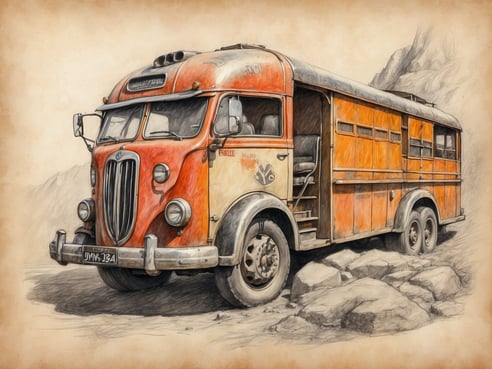 Ein alter orangefarbener Bus steht auf einem unebenen, steinigen Gelände. Der Bus hat große runde Scheinwerfer und eine markante Frontpartie mit einem charakteristischen Kühlergrill. Die Seiten des Busses sind mit Fenstern versehen, die teilweise geöffnet sind. Im Hintergrund sind unscharfe Felsen und eine bergige Landschaft sichtbar, die die raue Umgebung des Fahrzeugs verdeutlichen.