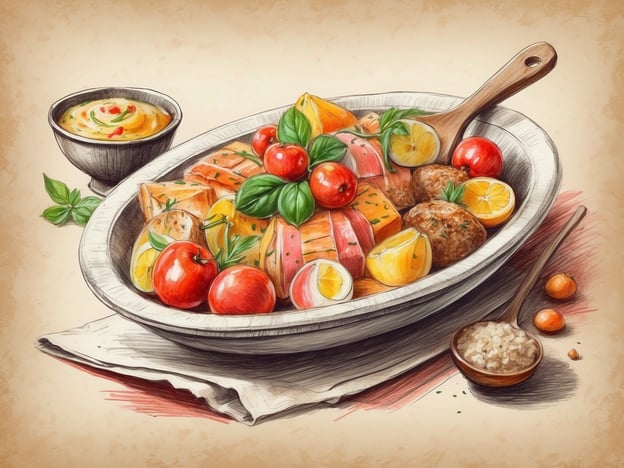 Auf dem Bild ist ein köstliches Gericht zu sehen, das aus verschiedenen Komponenten besteht. Es zeigt eine ansprechende Anrichte mit gebratenem oder gegrilltem Lachs, der von bunten Gemüsesorten wie Tomaten, Zitronen und möglicherweise einigen Kartoffeln oder anderen Beilagen umgeben ist. Die frischen Kräuter, wie Basilikum, verleihen dem Gericht einen aromatischen Touch.Neben der Hauptspeise befindet sich eine kleine Schüssel mit würziger Sauce oder Dip, der möglicherweise eine regionale Spezialität repräsentiert, wie zum Beispiel Aioli oder eine pikante Joghurtsoße. Dazu könnte eine Beilage wie Reis oder Couscous serviert werden, die häufig in der mediterranen Küche verwendet wird. Solch ein Gericht verkörpert die kulinarischen Genüsse der Region und ist ideal für eine gesunde und schmackhafte Mahlzeit.