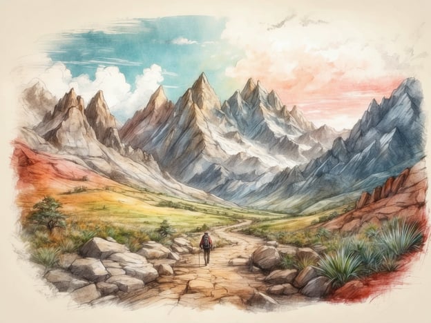 Auf dem Bild ist eine beeindruckende Berglandschaft zu sehen. Die hohen, majestätischen Berge erheben sich im Hintergrund, während eine malerische Wanderstraße durch das Tal führt. Ein Wanderer mit einem Rucksack bewegt sich entlang des Pfades, umgeben von einer bunten, vielfältigen Vegetation.Diese Szenerie lädt zu zahlreichen Naturerlebnissen ein, wie zum Beispiel:- Wandern und Trekking in den Bergen- Genießen der atemberaubenden Ausblicke- Erkunden der Flora und Fauna- Fotografieren der malerischen Landschaften- Entspannen und Meditieren in der NaturDer Himmel zeigt sanfte Farben, was eine friedliche und inspirierende Atmosphäre schafft. Solch eine Umgebung bietet eine ideale Möglichkeit, dem stressigen Alltag zu entfliehen und die Schönheit der Natur zu erleben.